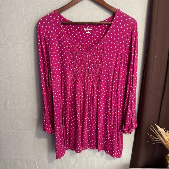 Kim Rogers Top Size 1X Pink Polka Dot V-Neck Pintuck Front 3/4 Sleeve Stretchy - Picture 2 of 11